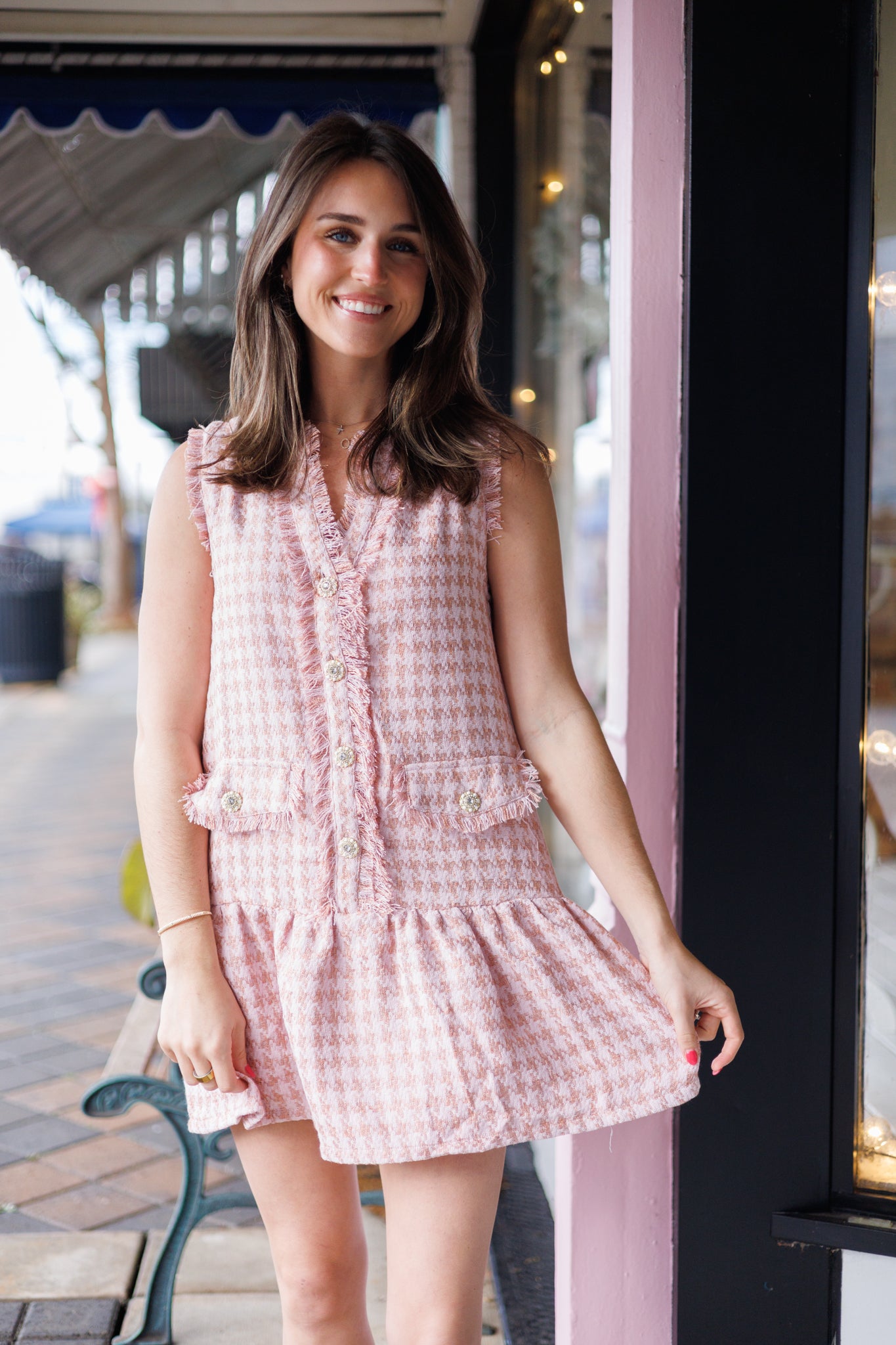 Peachy Houndstooth Mini Dress