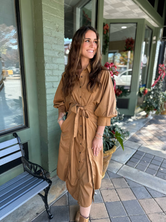 Camel Wrap Midi Dress